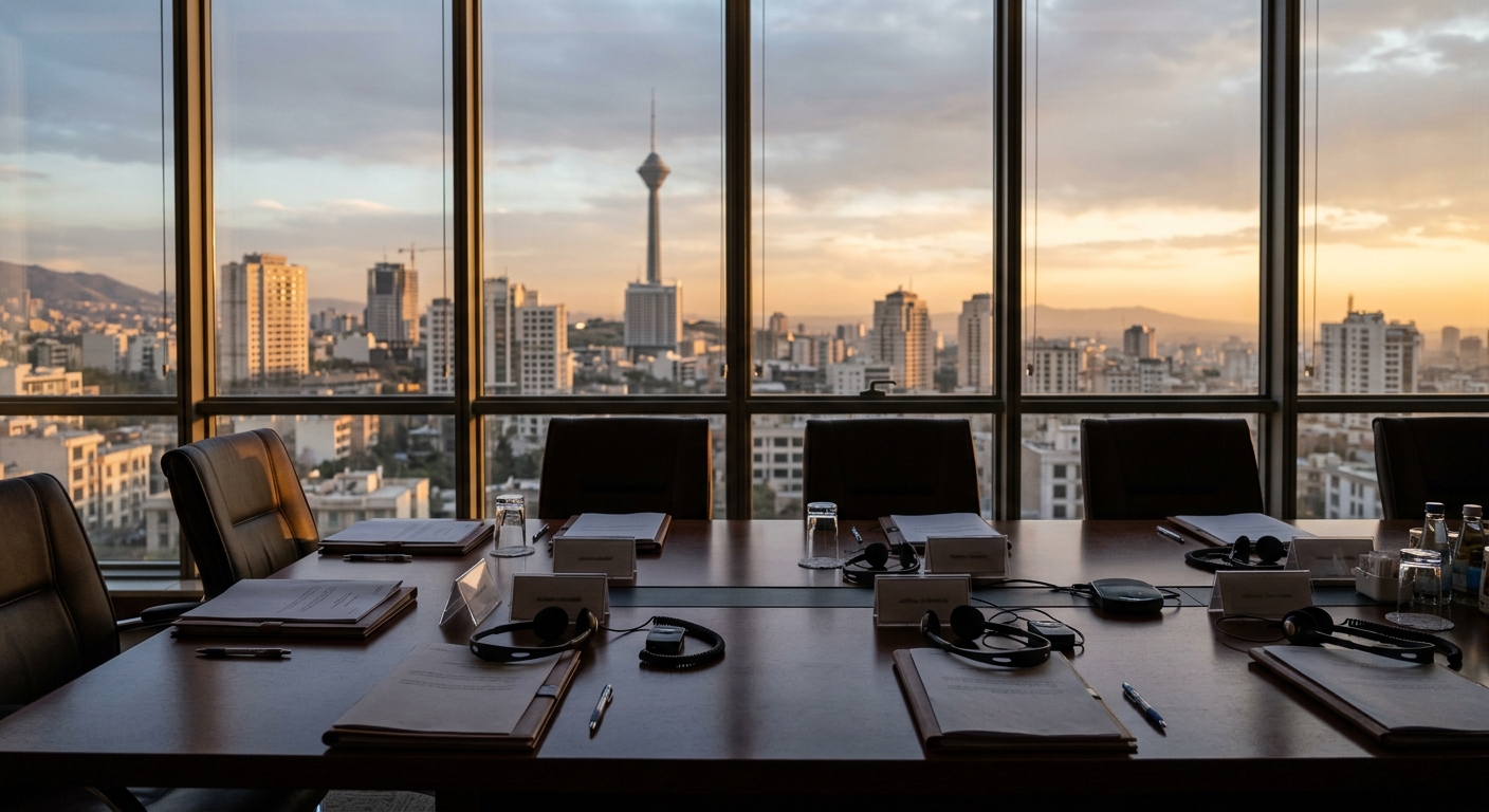 A conference room with a view of a city skyline at sunset.
