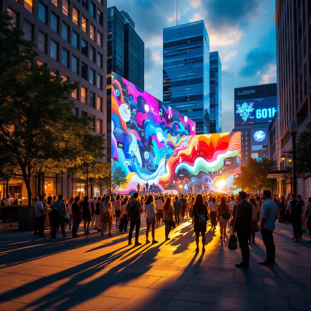 A crowd gathers in an urban area to watch a vibrant light display on a large building.