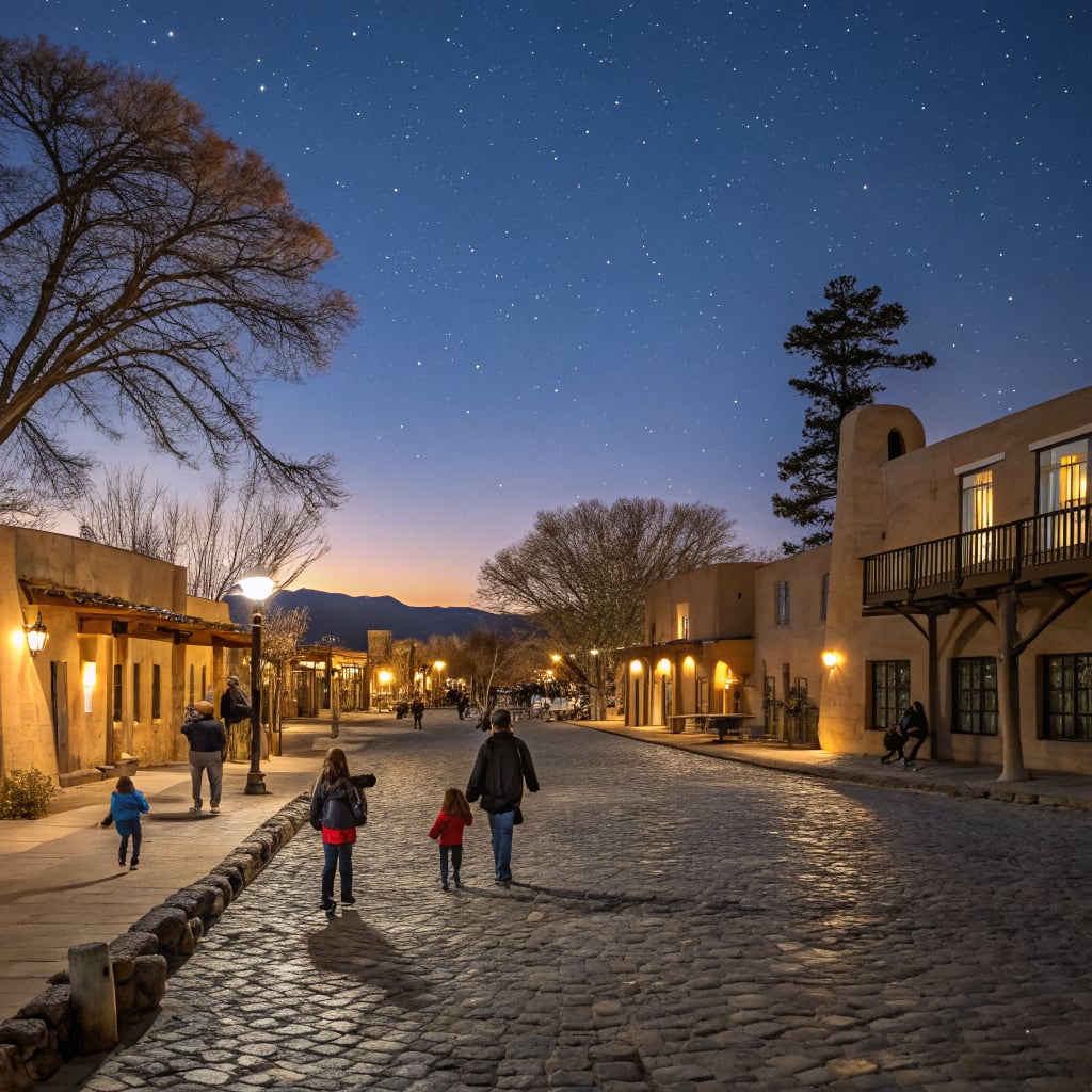 A group of people walking along a cobblestone street at dusk with stars visible in the sky.