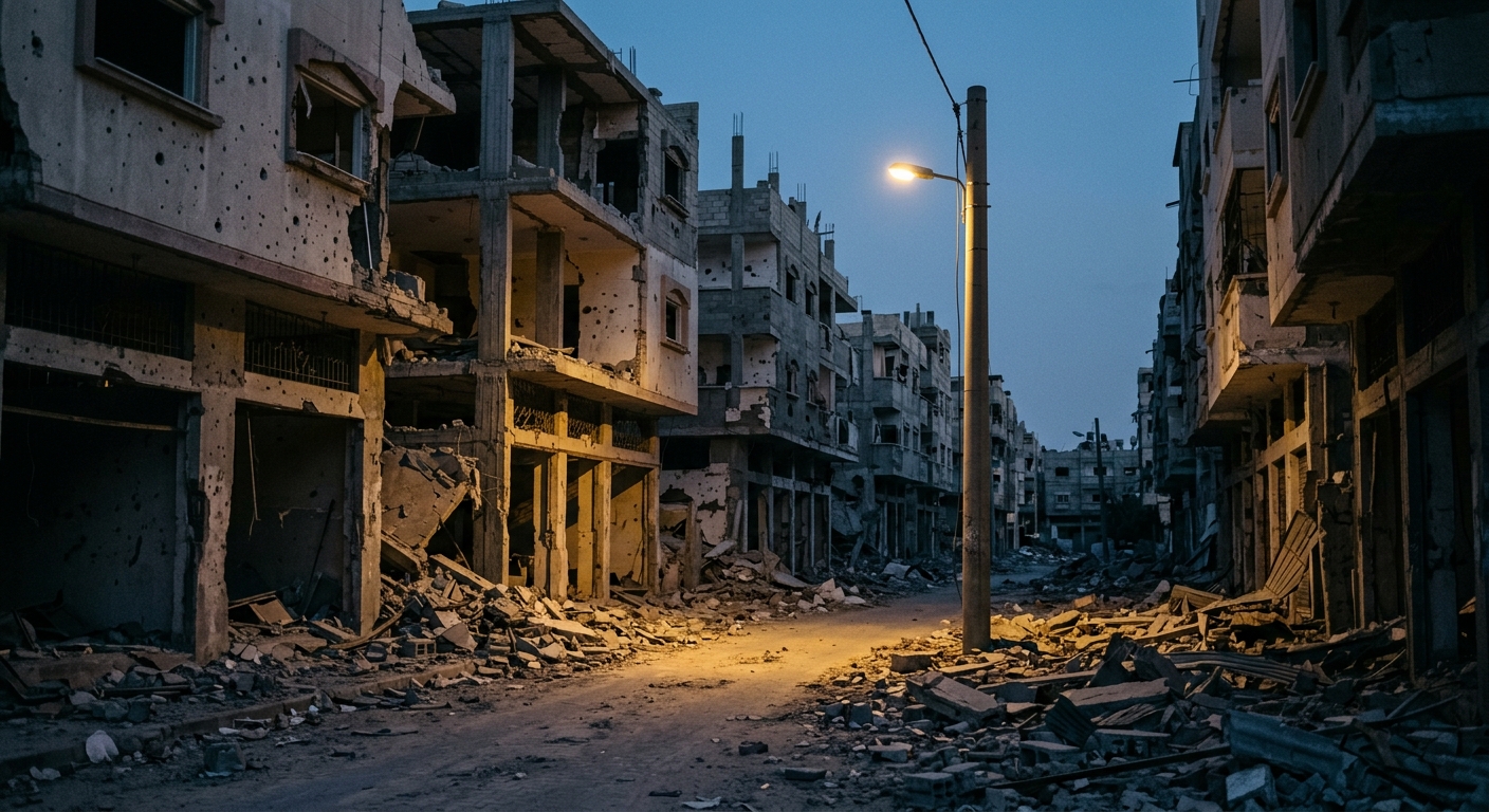 A deserted street in a war-torn city with damaged buildings and debris.