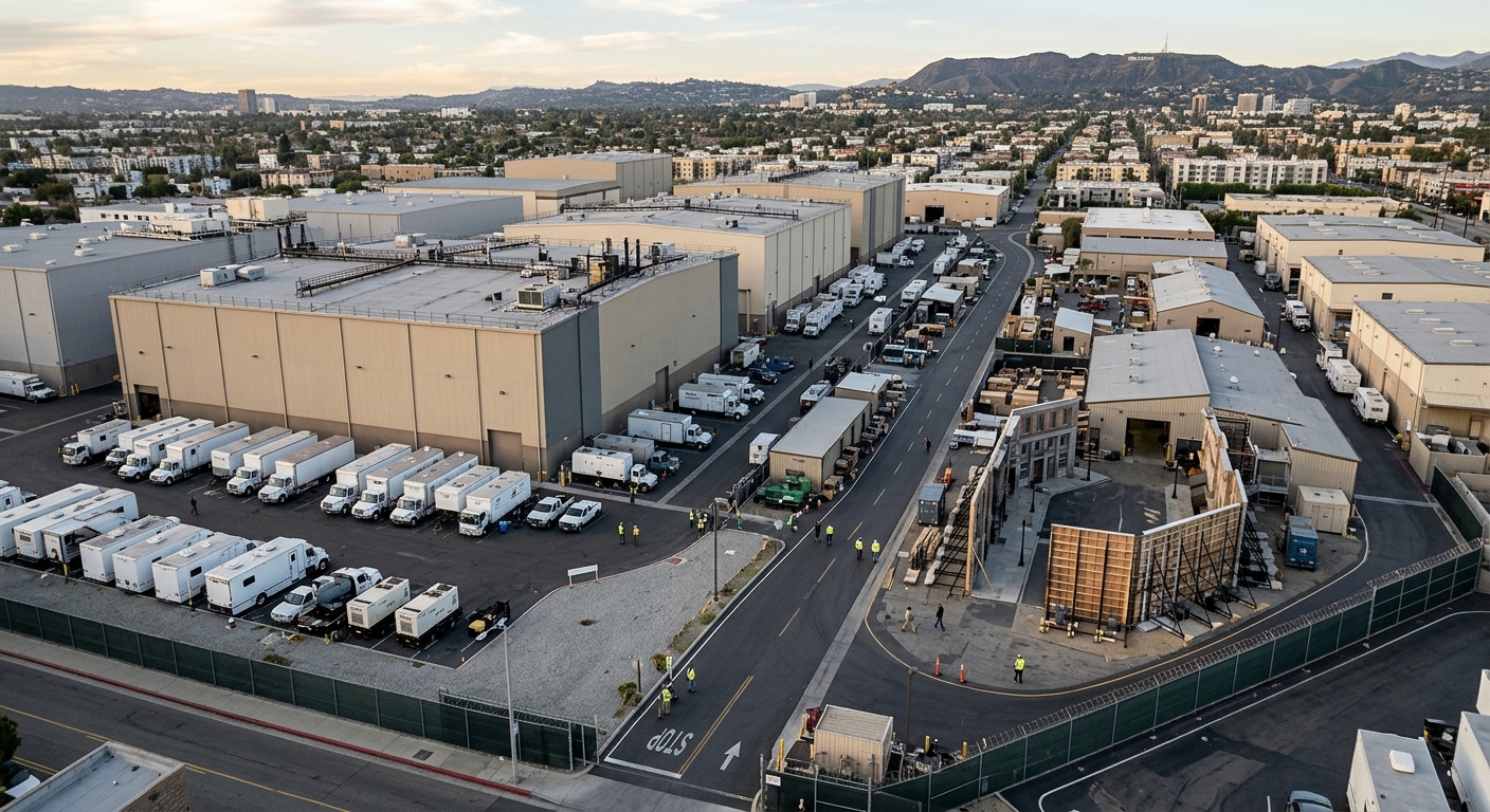 An aerial view of a large industrial area with numerous trucks and buildings.