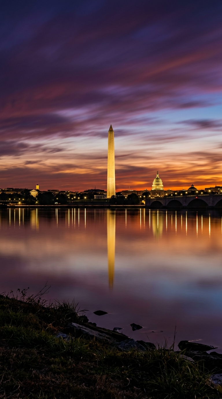 A scenic view of the Washington Monument and the U.S. Capitol at sunset, reflected in water.
