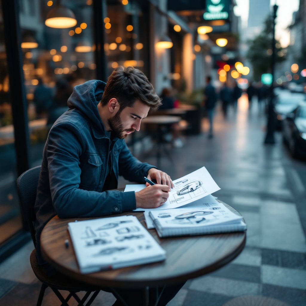 A man is sketching designs at a table outside a café on a city street.