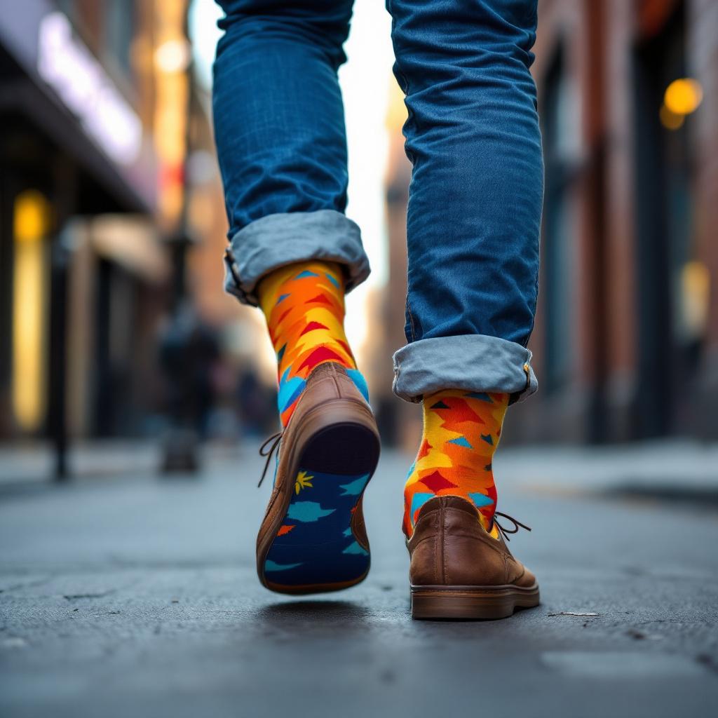 A person walking down a city street wearing colorful socks and brown shoes.