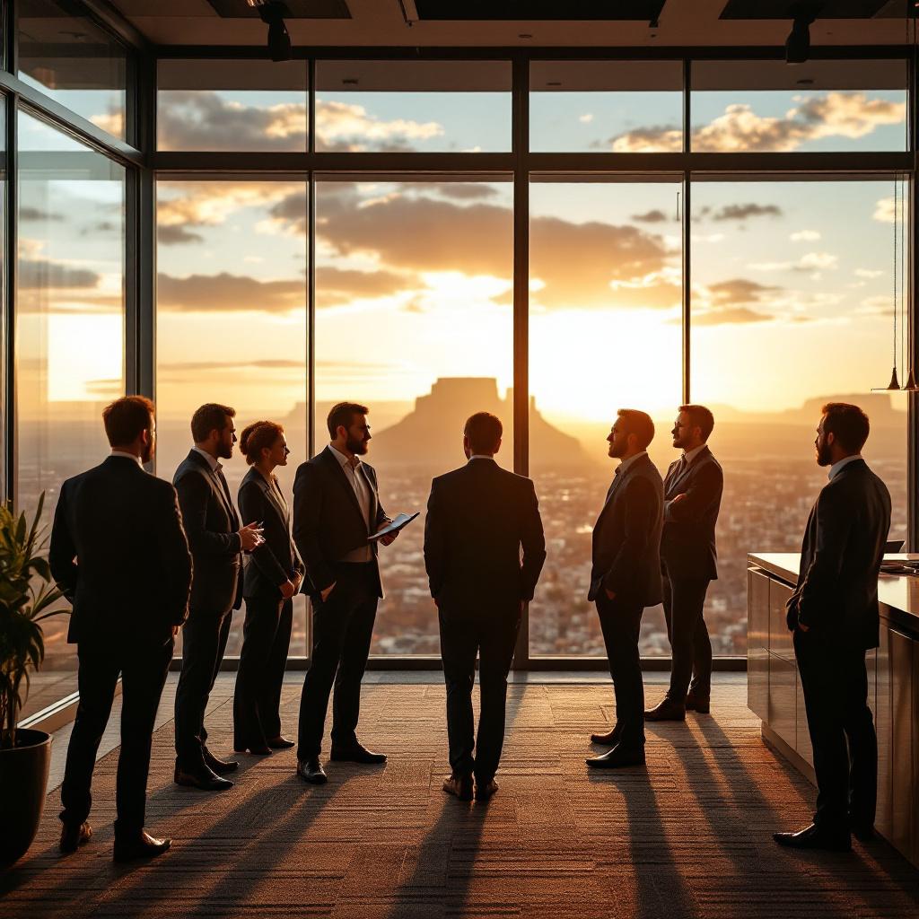 A group of business professionals are engaged in discussion in an office with a sunset view.