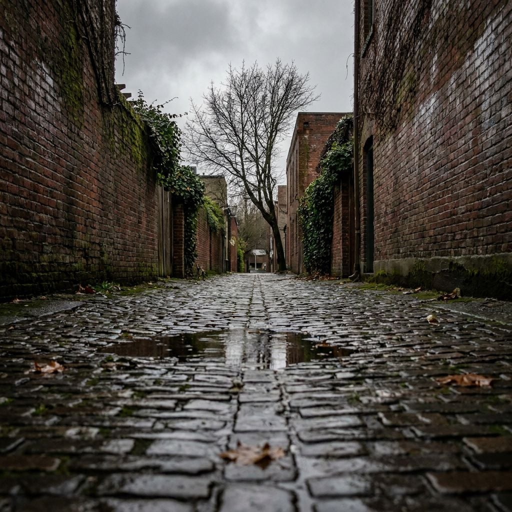 A cobblestone alleyway lined with brick walls and a tree in the distance under a cloudy sky.
