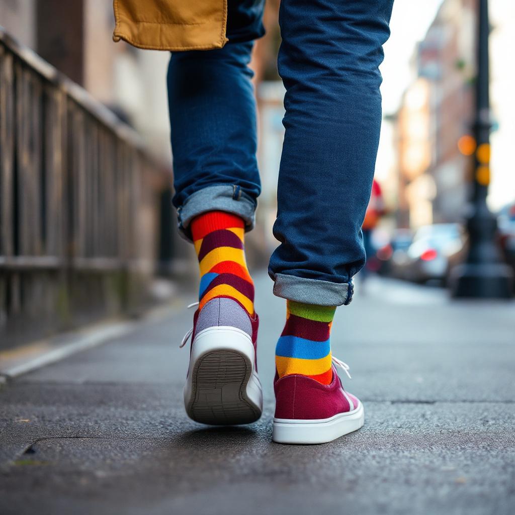 A person walking on a city street wearing colorful socks and casual shoes.