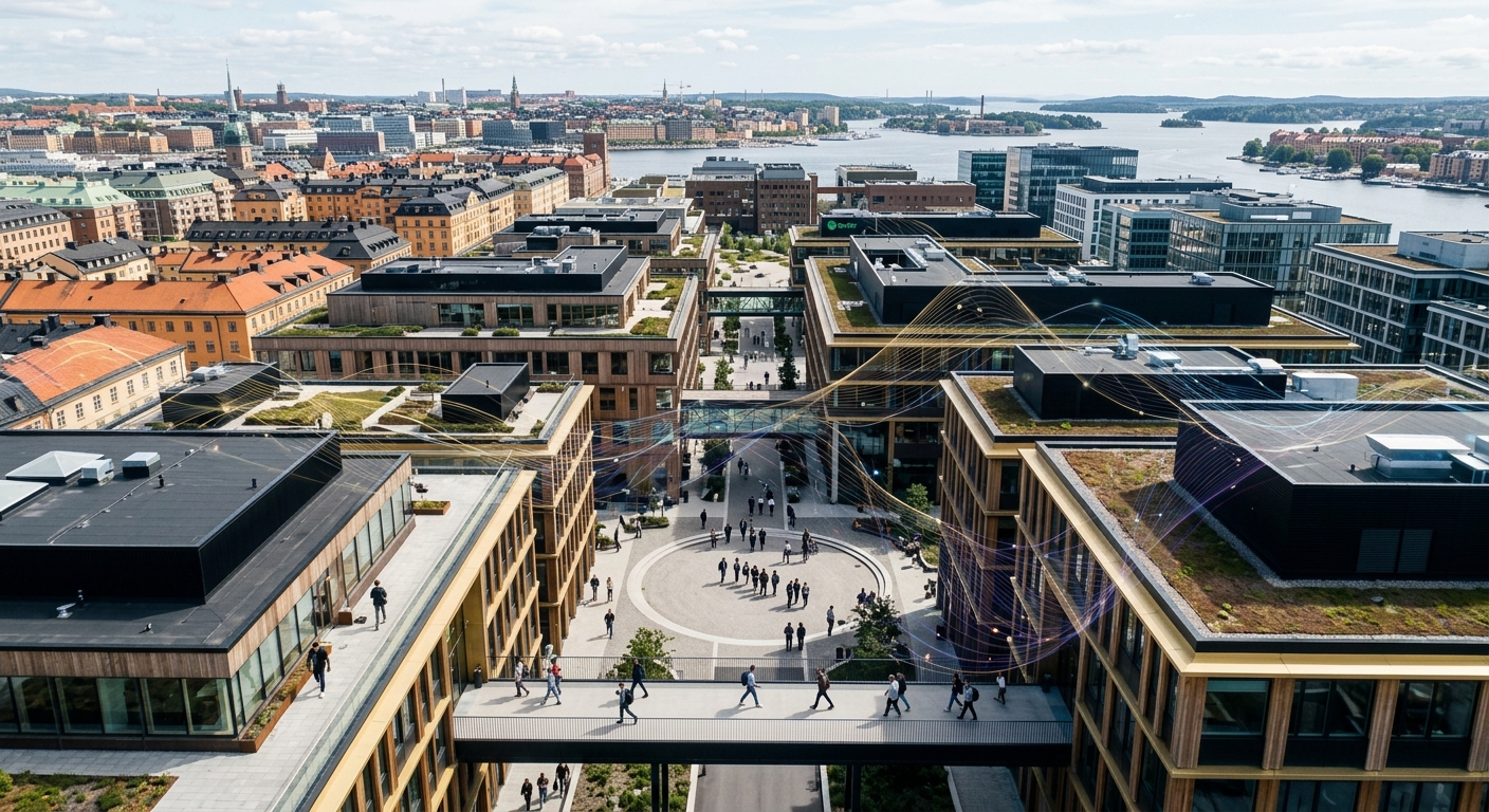 An aerial view of a modern urban area with buildings and people walking.