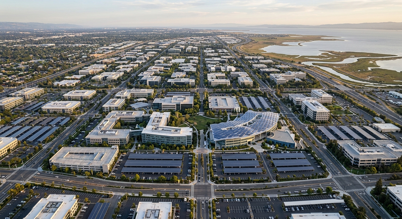 An aerial view of a suburban business district with modern office buildings and parking lots.