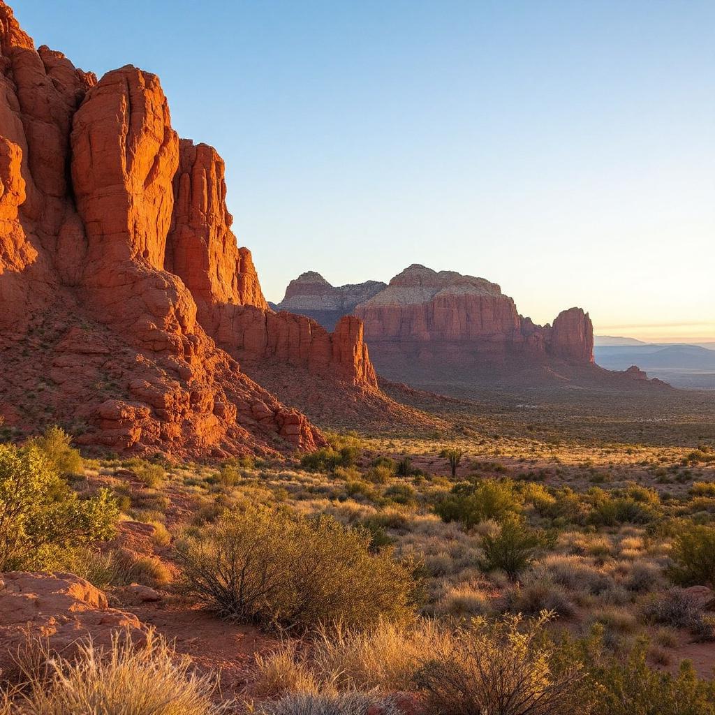 A scenic view of red rock formations and desert landscape at sunset.
