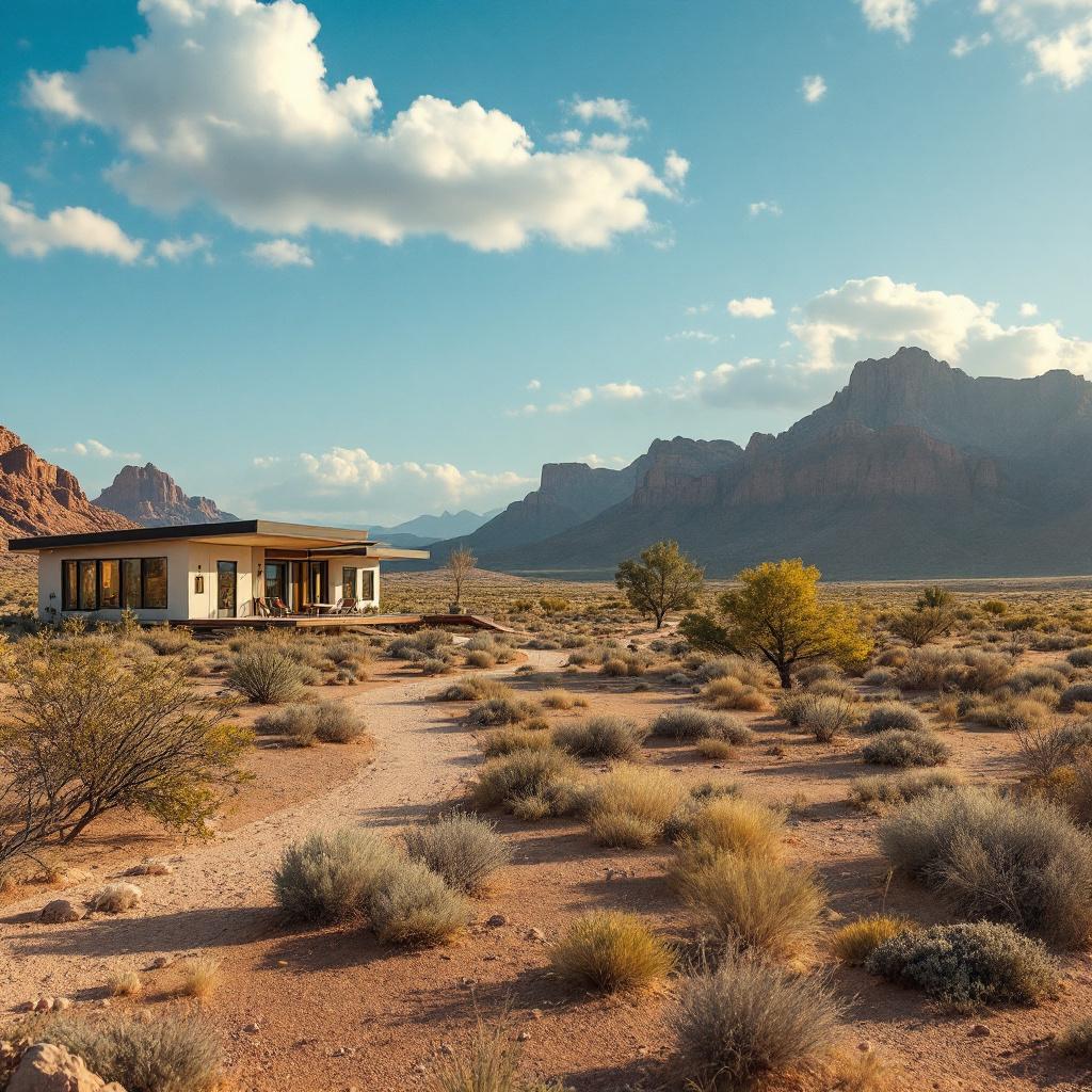 A modern house situated in a desert landscape with mountains in the background.