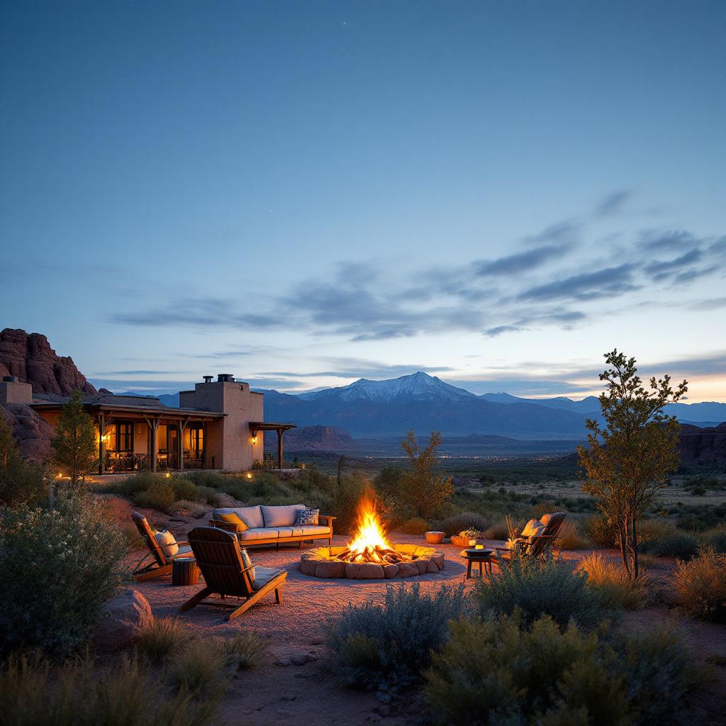 A cozy outdoor seating area with a fire pit surrounded by desert landscape and mountains at dusk.