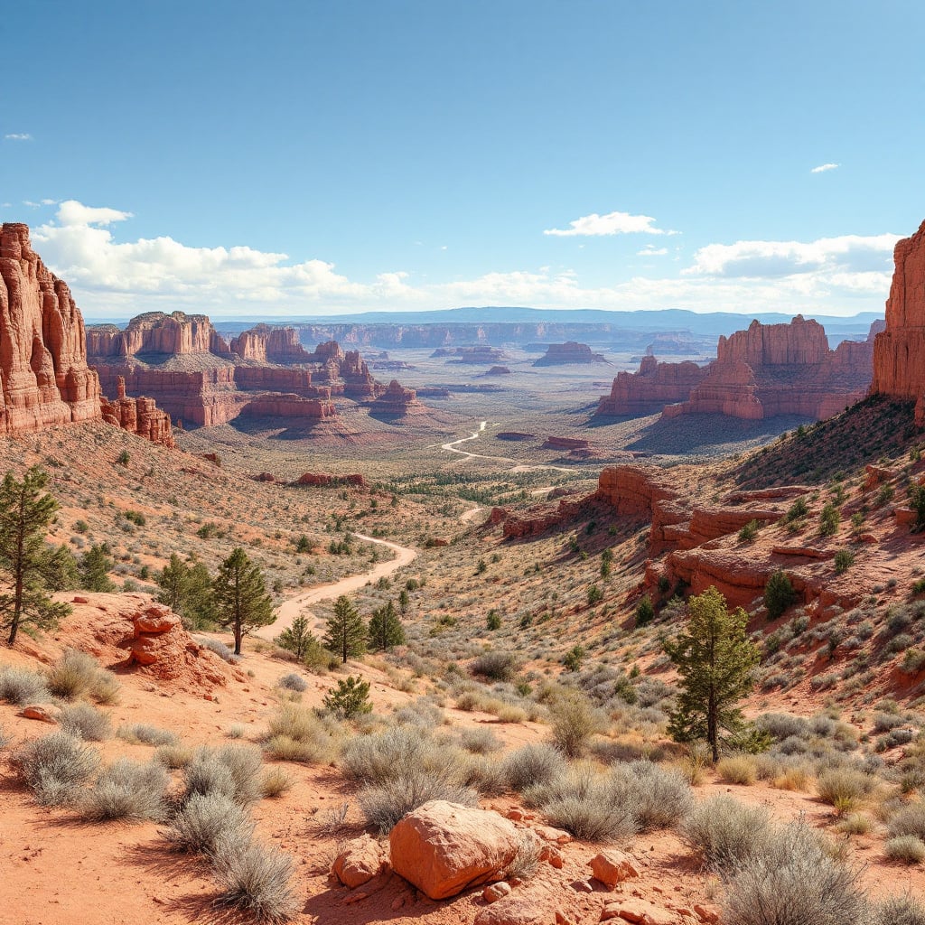 A panoramic view of a desert landscape with red rock formations and a winding path.