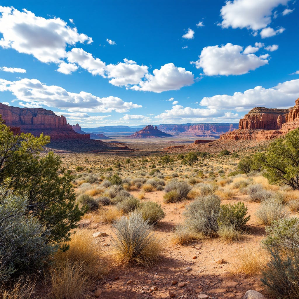 A vast desert landscape with red rock formations and scattered vegetation under a blue sky with clouds.