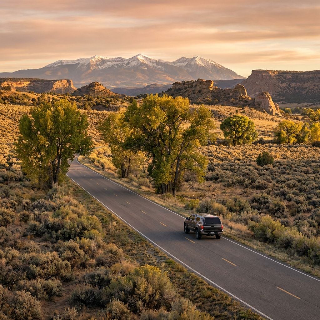 A black SUV drives along a winding road surrounded by desert landscape and mountains in the background.