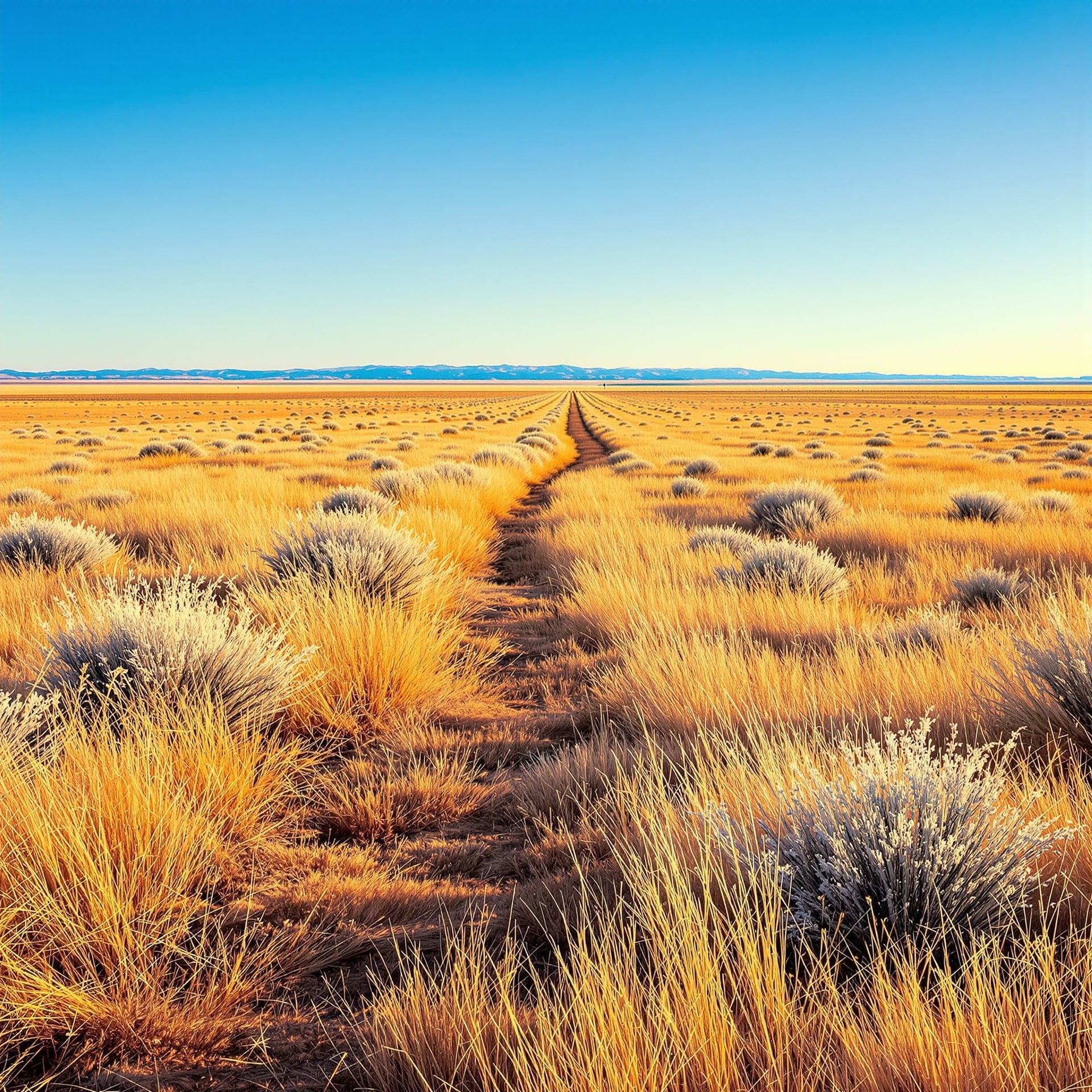 A vast landscape of golden grasslands with a clear blue sky and distant mountains.