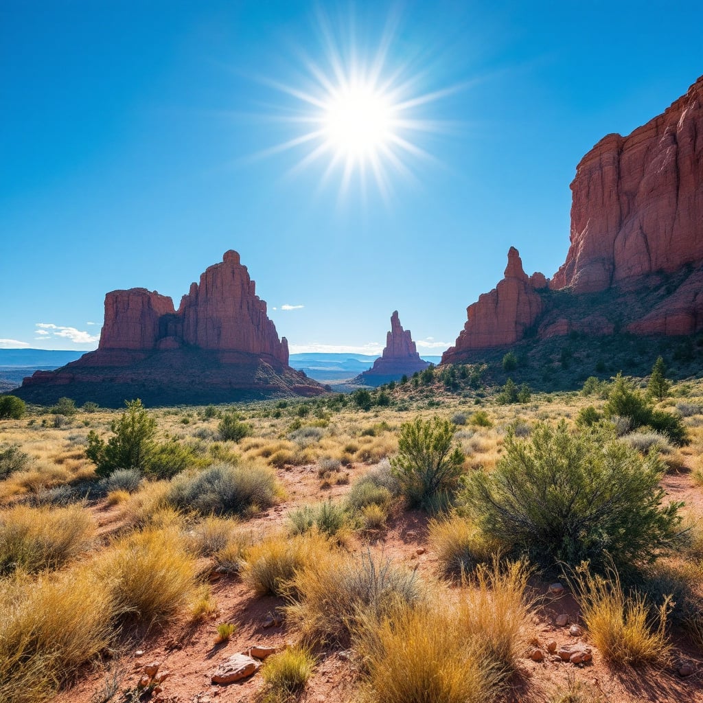 A scenic view of red rock formations under a bright sun in a desert landscape.