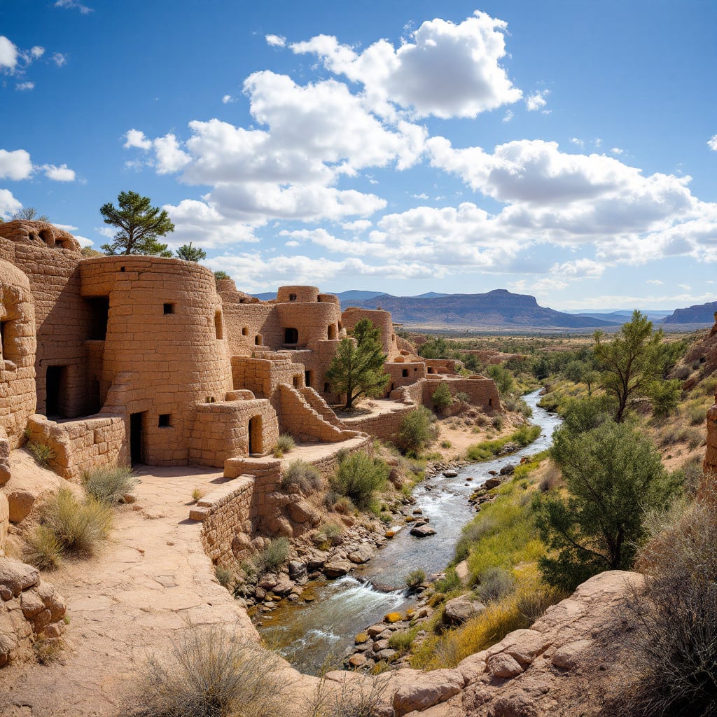 A scenic view of ancient stone dwellings alongside a flowing river in a desert landscape.