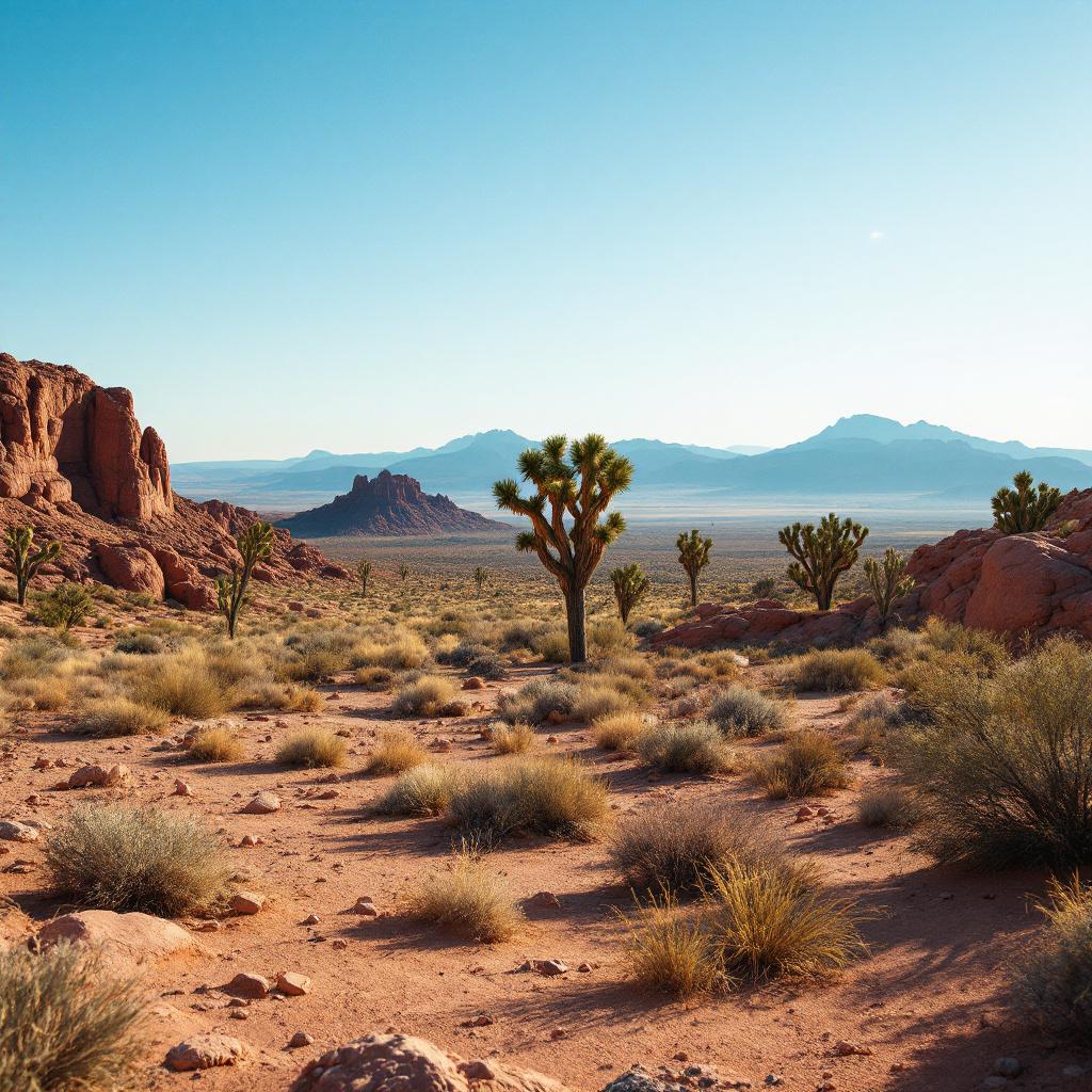 A desert landscape featuring rocky formations and sparse vegetation under a clear blue sky.
