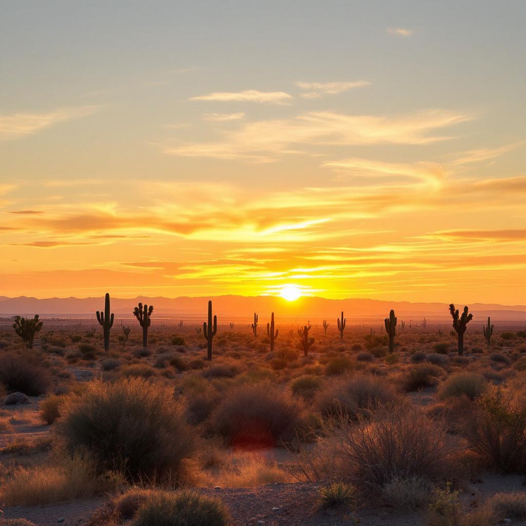 A desert landscape at sunset with cacti silhouetted against the sky.