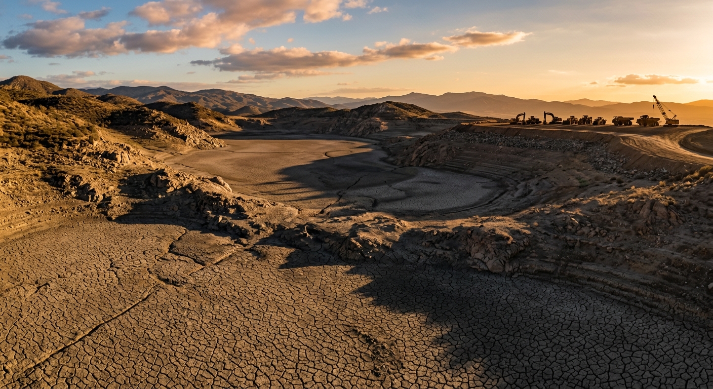 A dry, cracked landscape with mountains in the background during sunset.