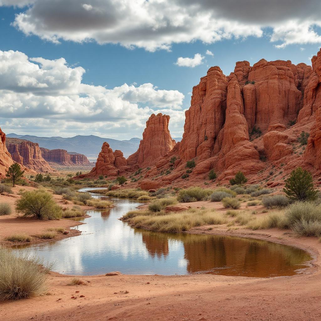 A scenic view of red rock formations alongside a calm river in a desert landscape.