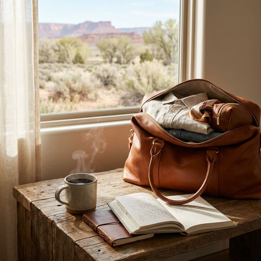 A leather bag and a notebook are placed on a wooden table near a window with a view of a desert landscape.