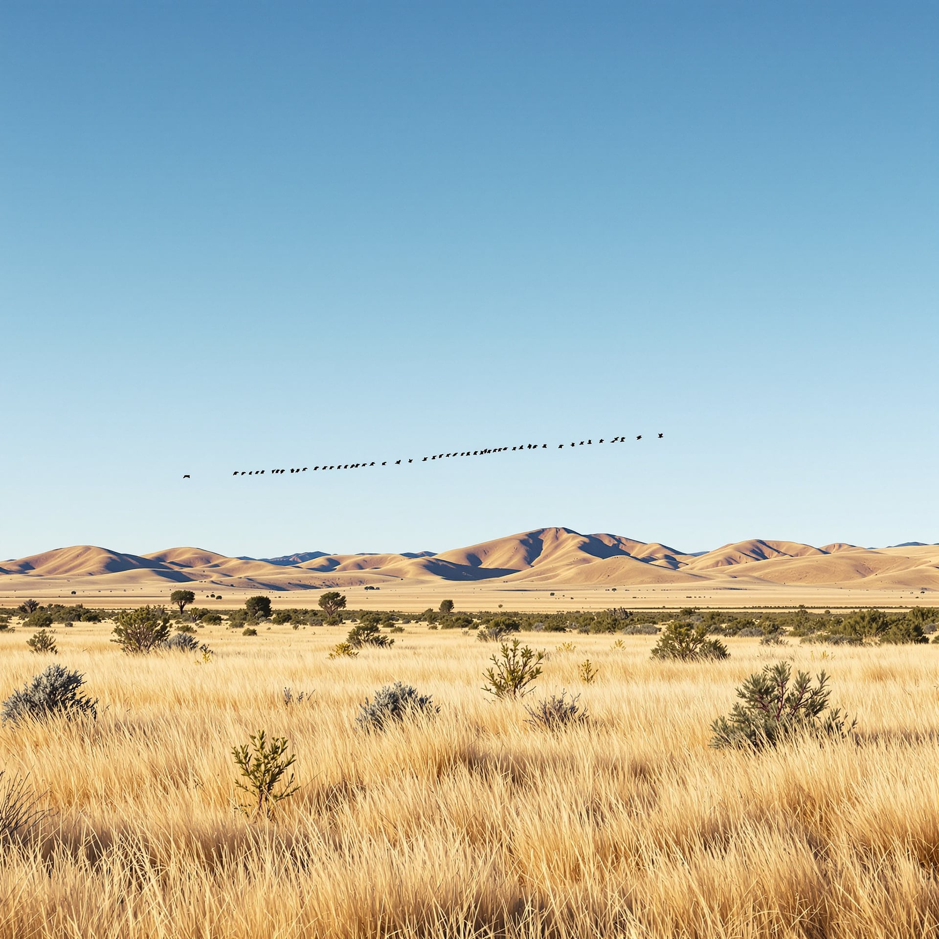 A vast landscape featuring golden grasslands and distant sand dunes under a clear blue sky.