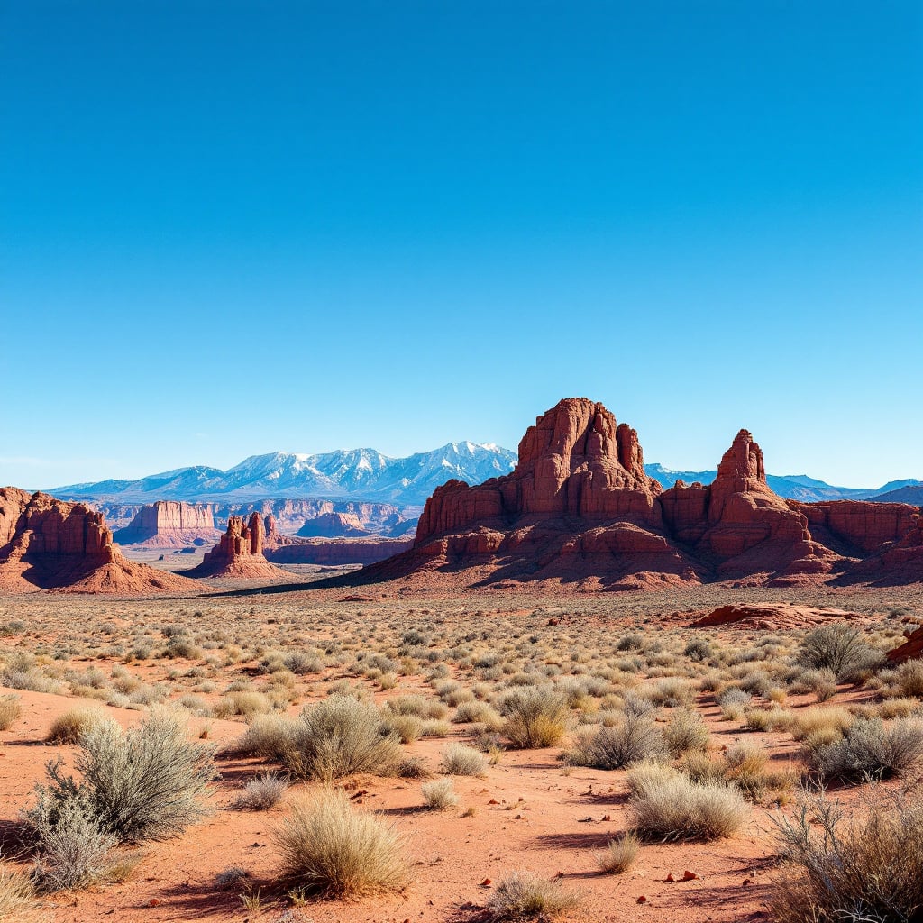 A vast desert landscape featuring red rock formations and distant snow-capped mountains under a clear blue sky.