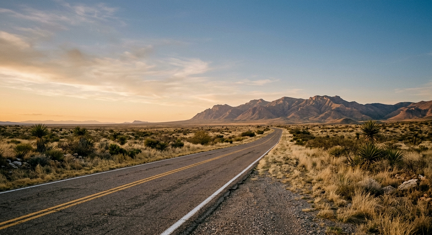 A winding road leads through a desert landscape with mountains in the background during sunset.
