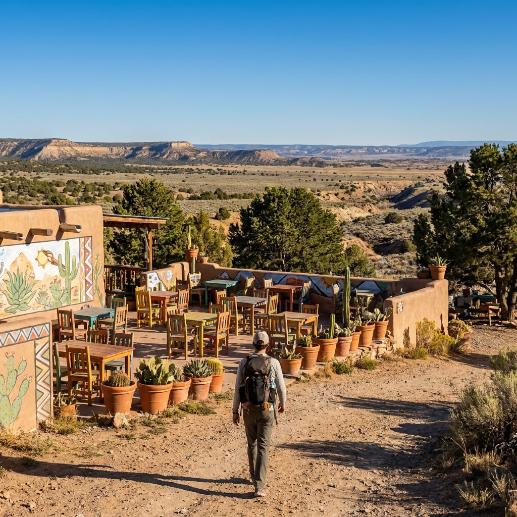 A person walking towards a rustic outdoor seating area surrounded by desert landscape.