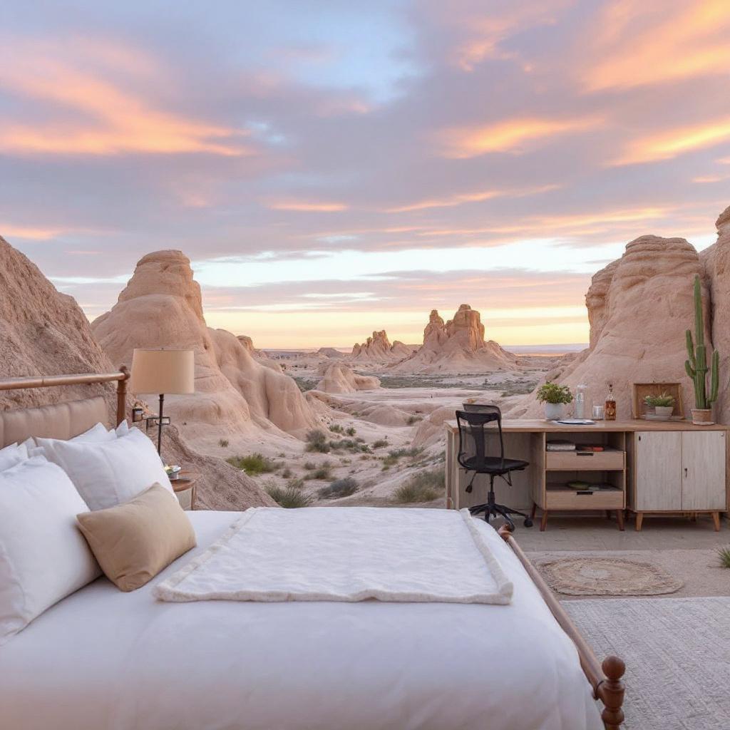 A beautifully arranged bedroom with a view of desert rock formations and a colorful sunset.