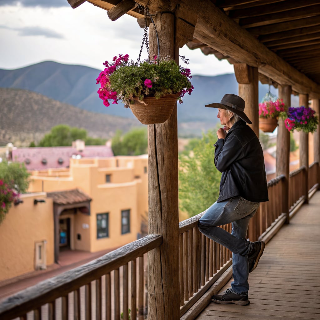 A person stands on a wooden balcony overlooking a scenic view with mountains in the background.