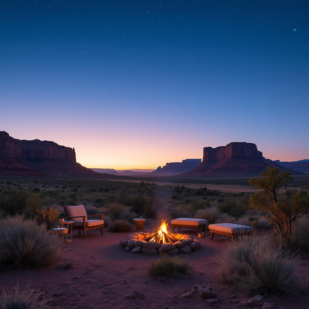 A cozy campfire setup with chairs and a fire pit in a desert landscape at dusk.
