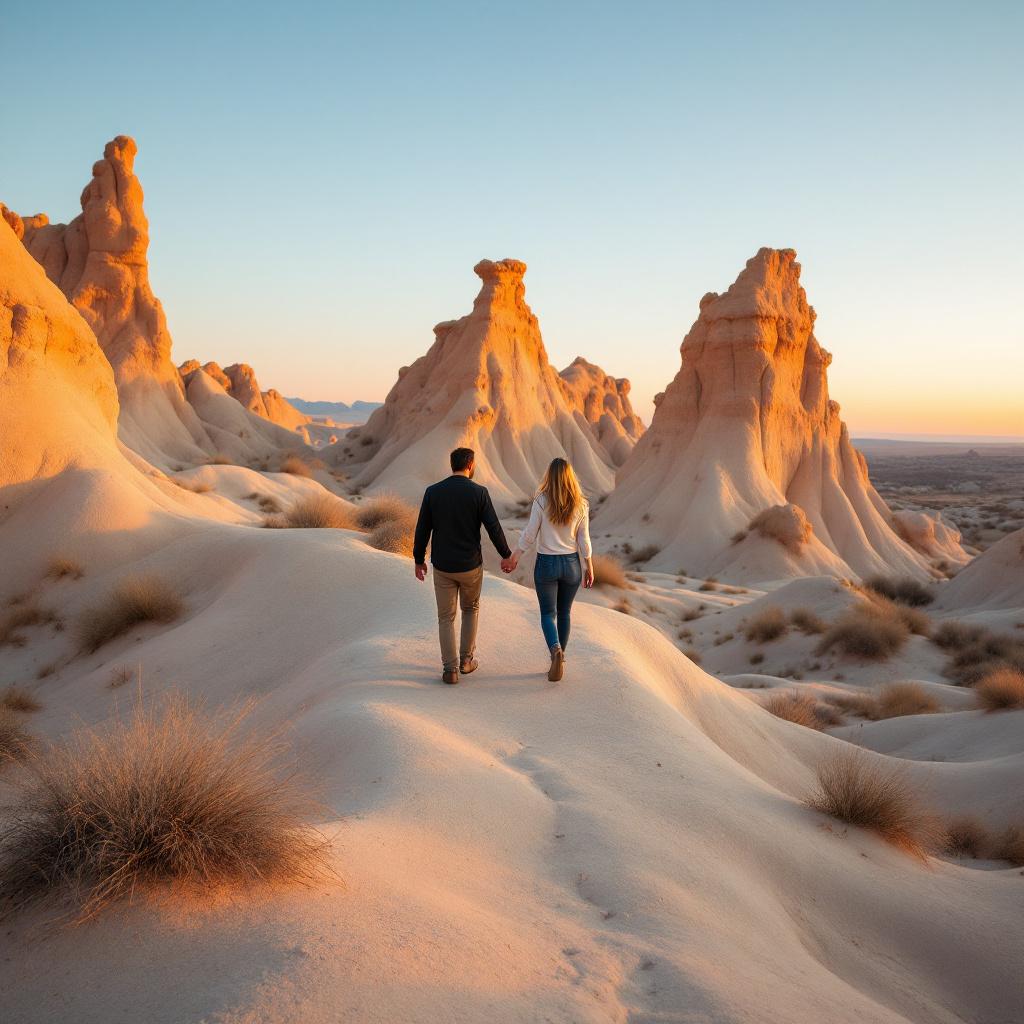 A couple walks hand in hand through a desert landscape with unique rock formations at sunset.