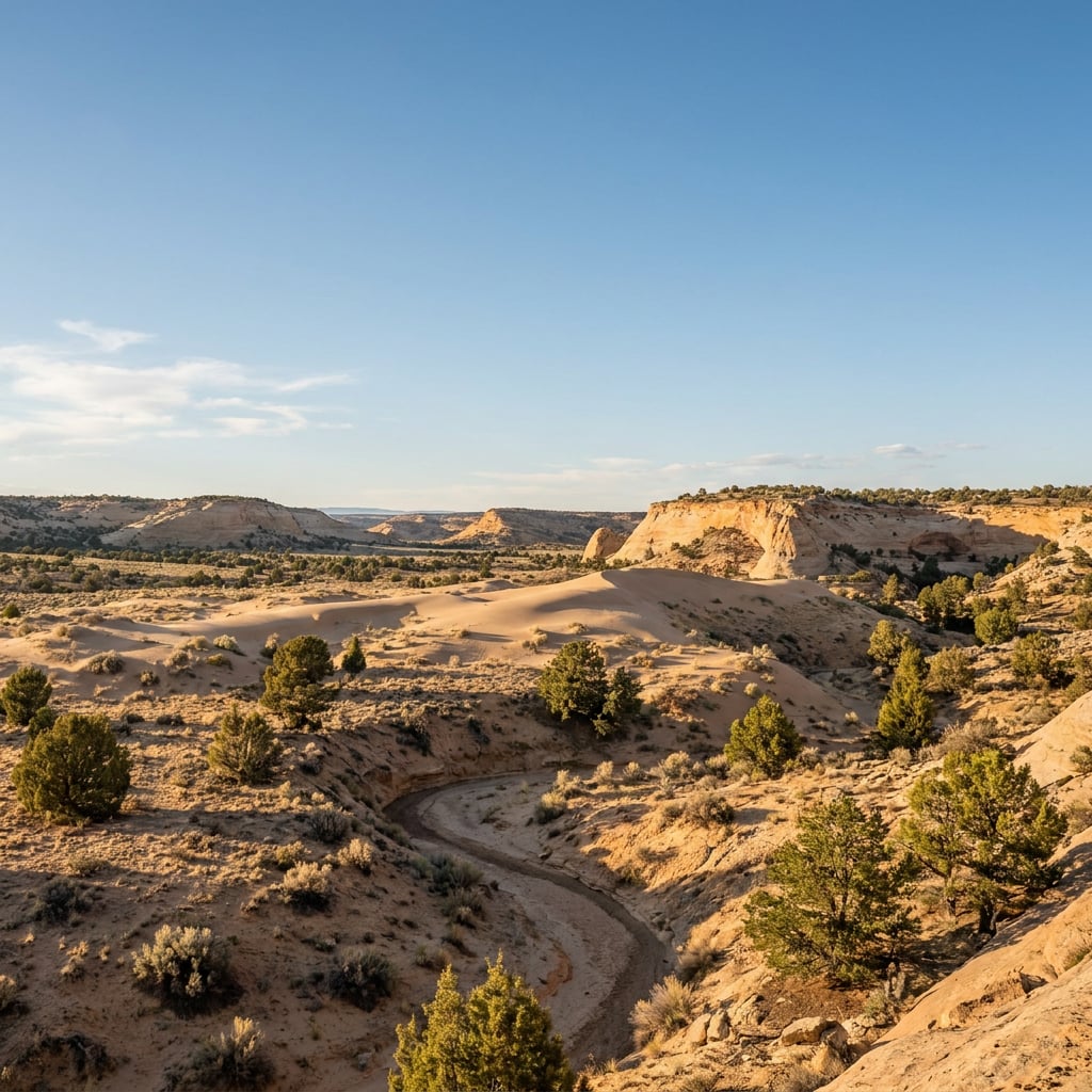 A winding dirt path through a desert landscape with shrubs and rock formations under a clear blue sky.
