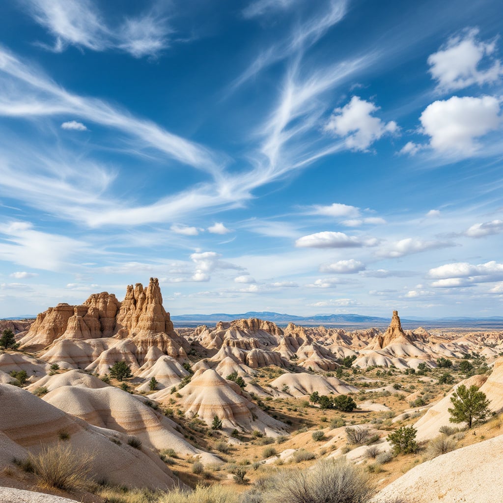 A scenic view of unique rock formations and desert landscape under a blue sky with clouds.