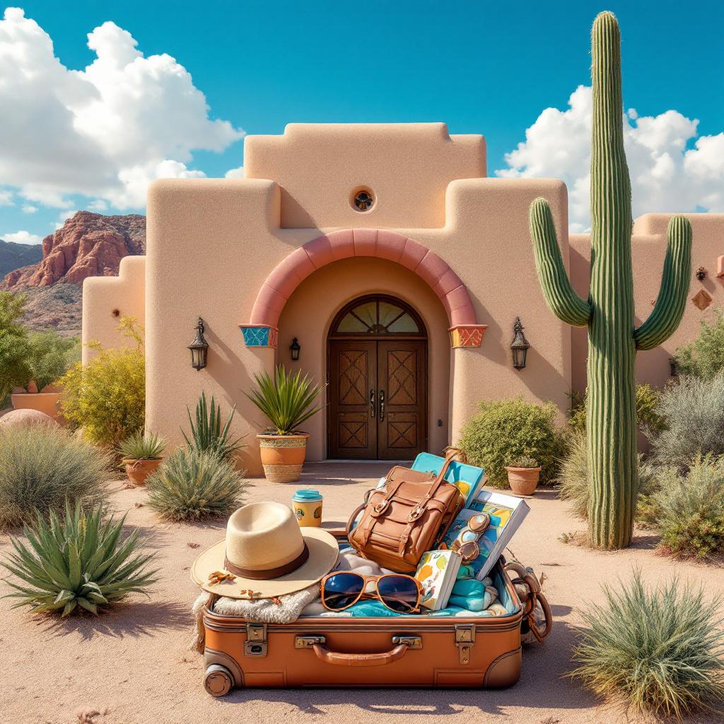 A suitcase filled with travel essentials is placed in front of a southwestern-style adobe building surrounded by desert plants.