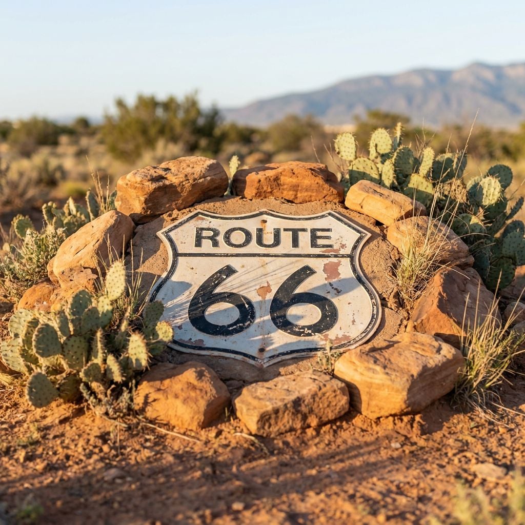 A weathered Route 66 sign surrounded by rocks and cacti in a desert landscape.