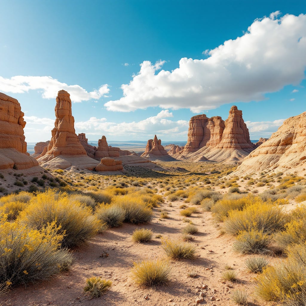 A scenic view of rock formations and desert vegetation under a blue sky with clouds.