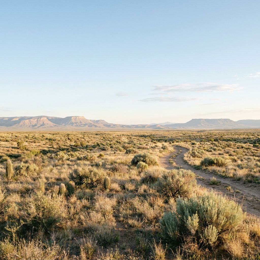 A winding dirt path leads through a desert landscape with sparse vegetation and distant mountains.