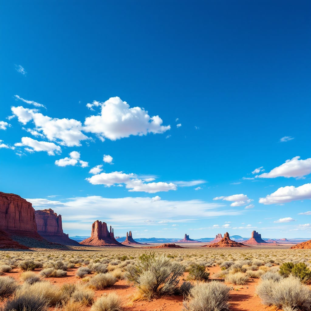 A scenic view of Monument Valley featuring red rock formations and a blue sky with clouds.