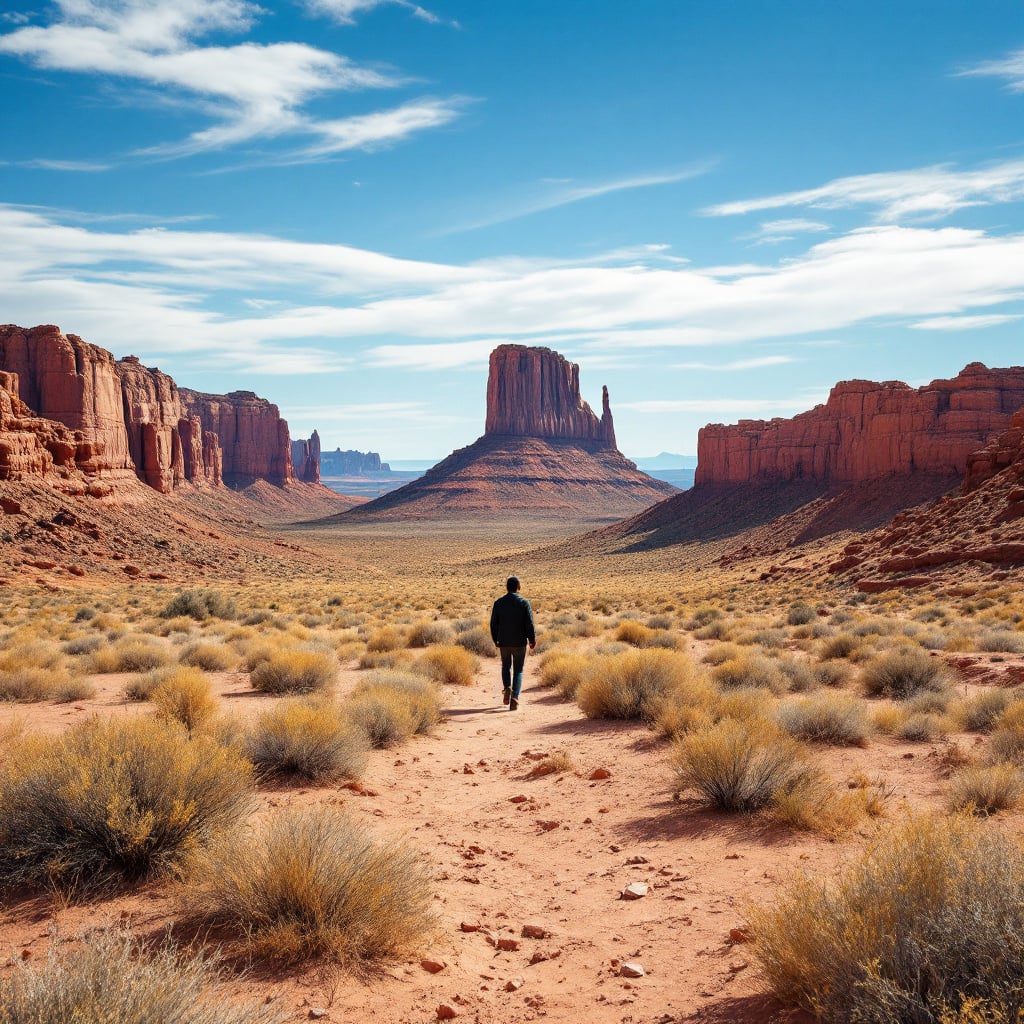 A person walking through a desert landscape with rock formations in the background.