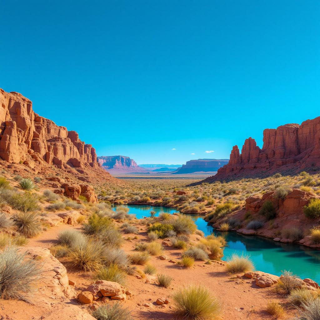 A scenic view of a desert landscape with red rock formations and a winding river.