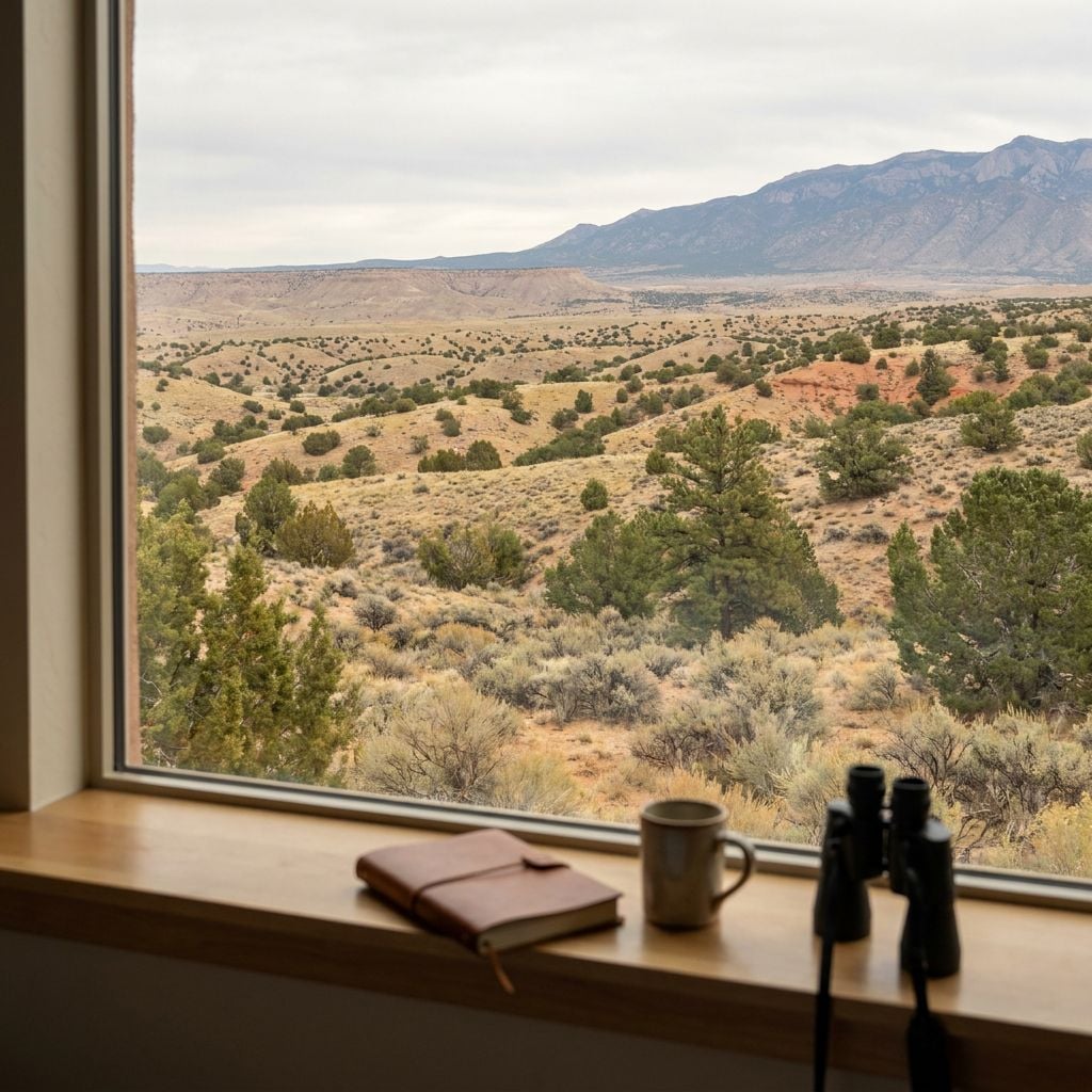 A window view of a desert landscape with mountains in the background, featuring a notebook, mug, and binoculars on the windowsill.