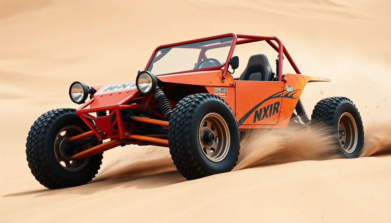 A dune buggy is driving on sandy terrain.