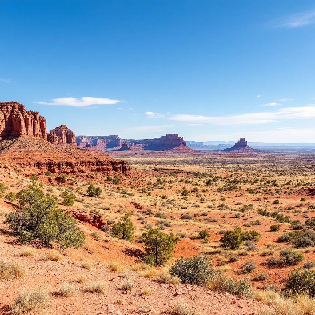 A vast desert landscape featuring red rock formations and sparse vegetation under a clear blue sky.