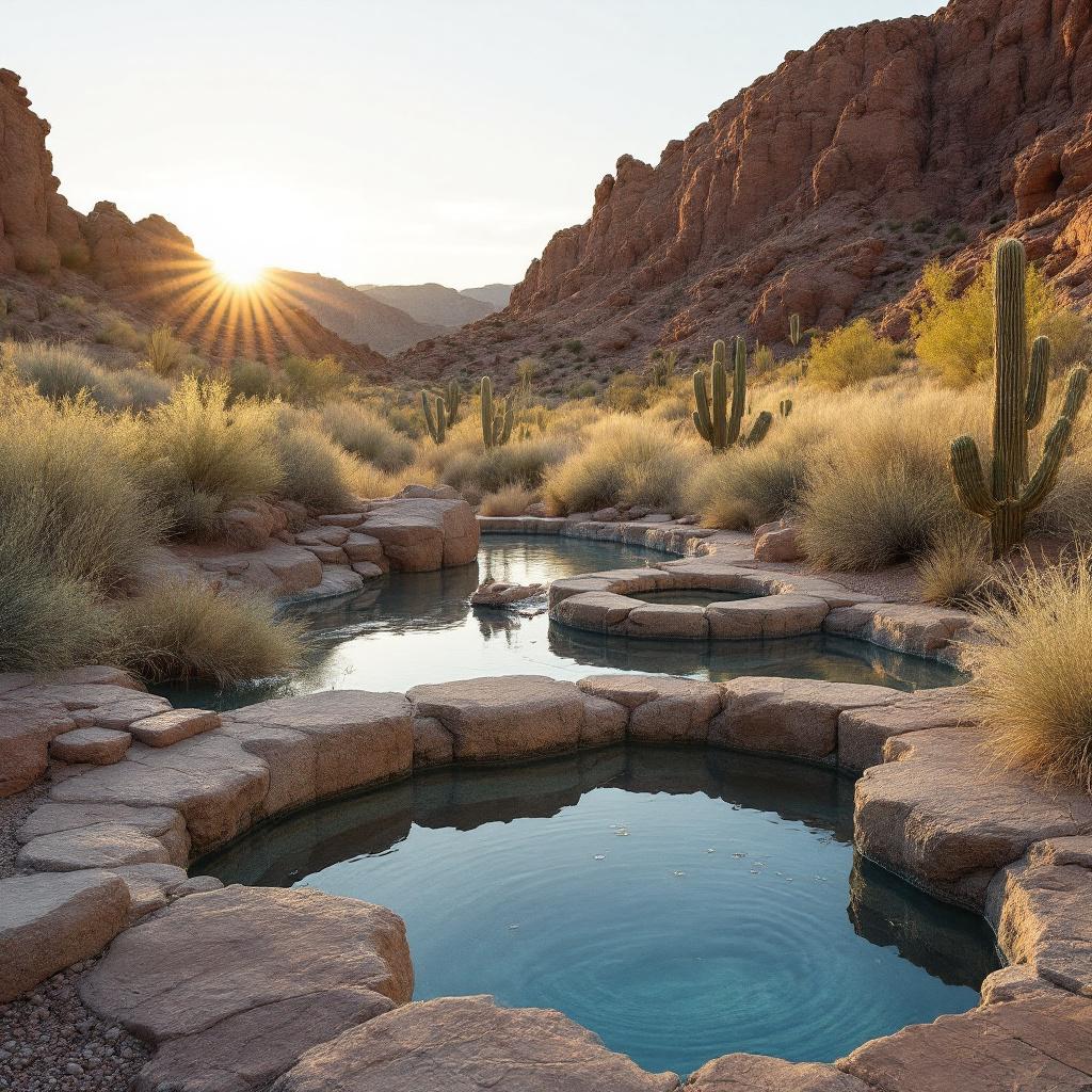 A serene natural hot spring surrounded by rocky terrain and desert vegetation at sunset.