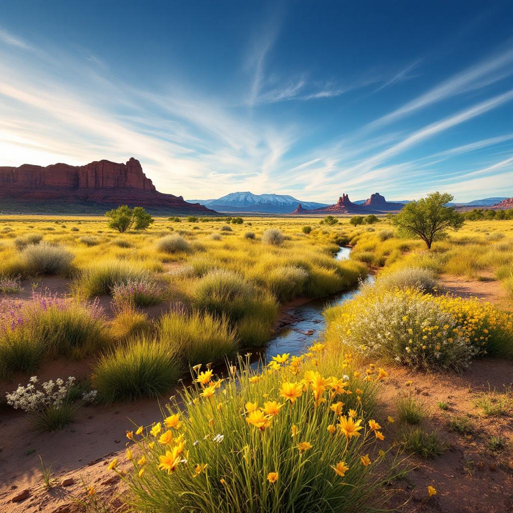 A scenic view of a desert landscape with wildflowers and distant mountains under a blue sky.