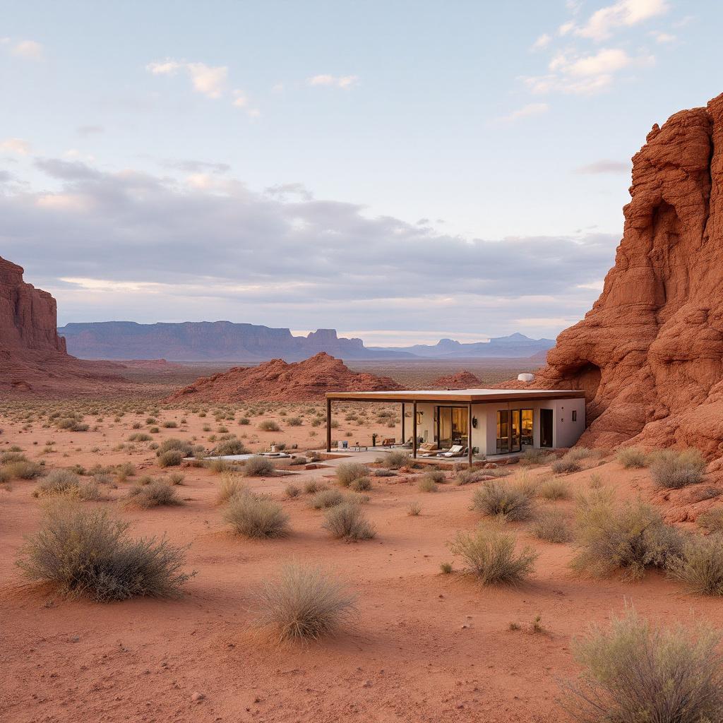 A modern house situated in a desert landscape with red rock formations.